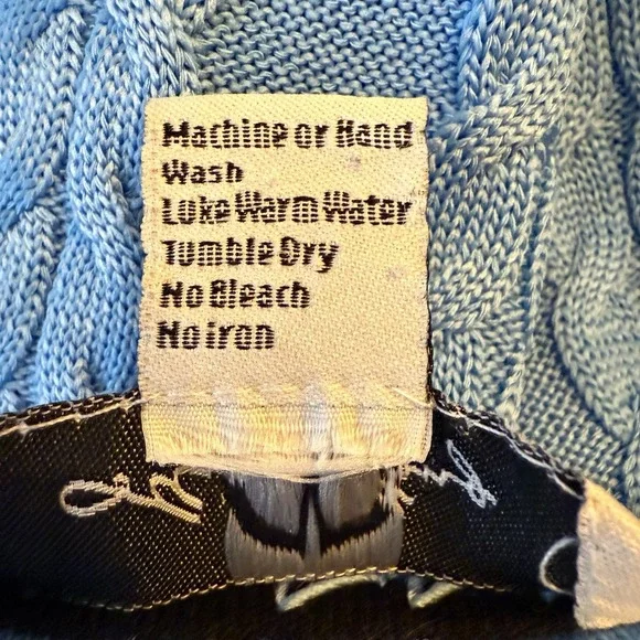 Ming Wang Blue Cable Knit Cardigan L Classic Sweater Black Trim Single Button - Picture 8 of 8